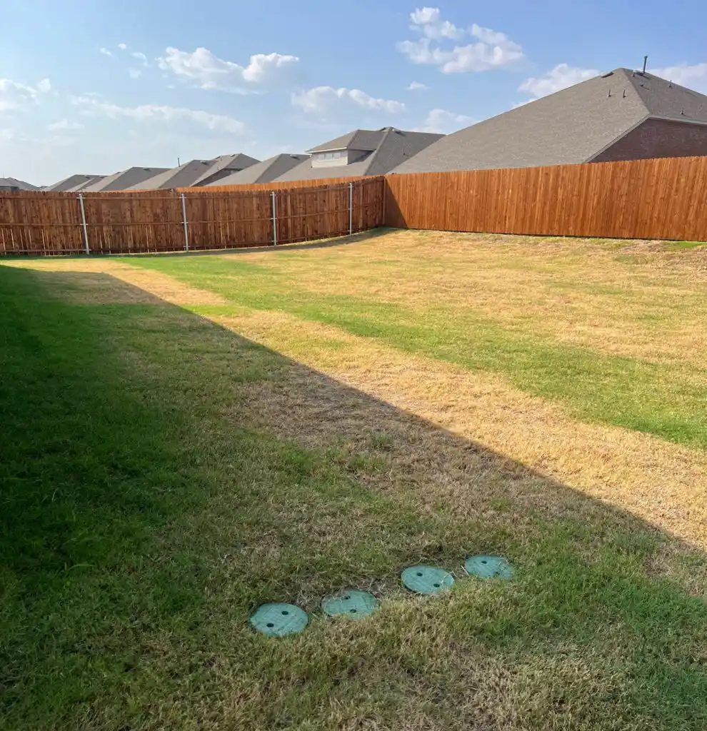 large backyard with brown spots from lack of watering