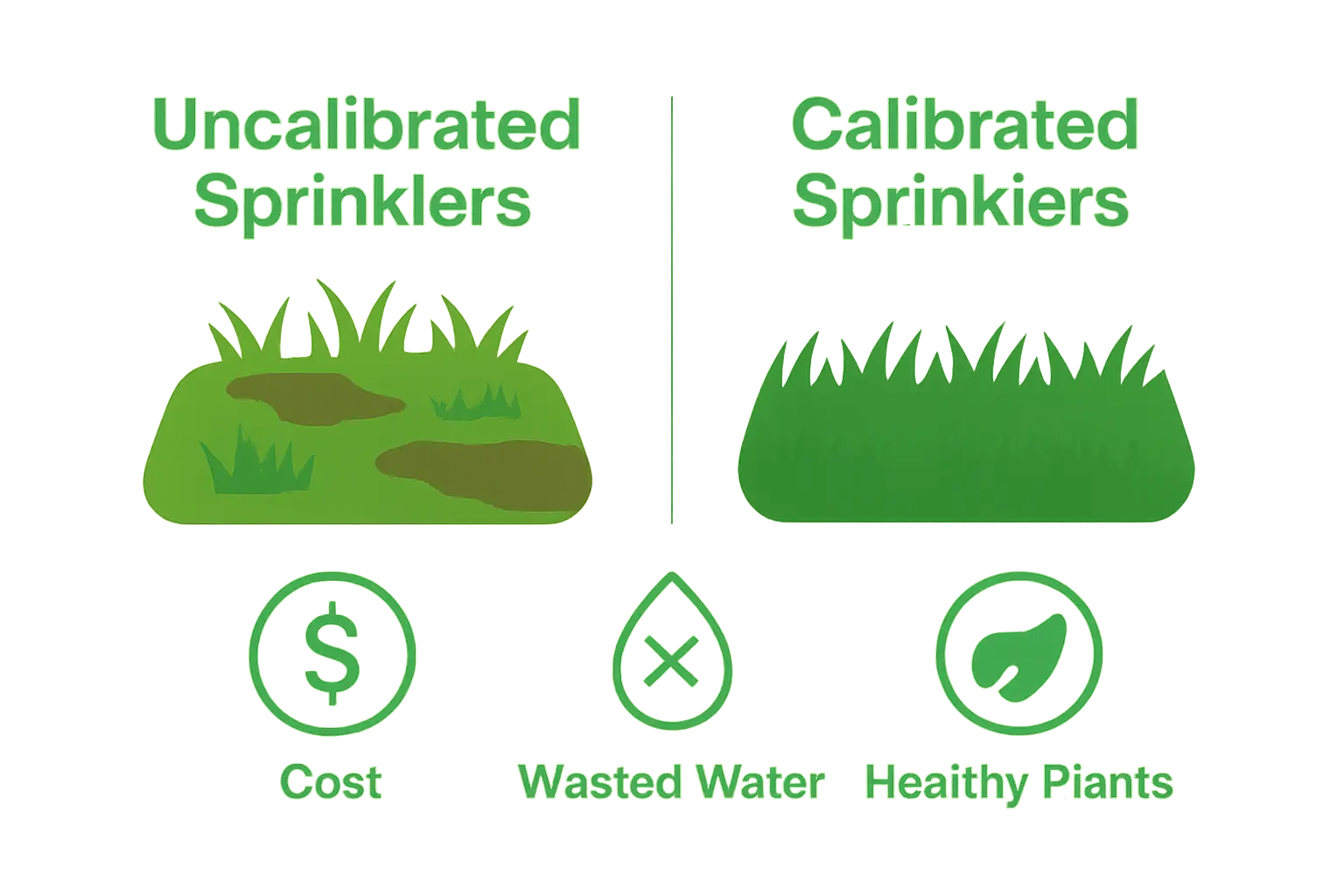 Infographic comparing uncalibrated and calibrated sprinkler systems showing water waste versus healthy lawn results