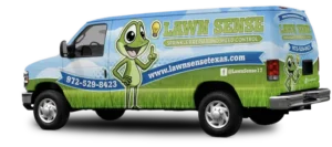 Lawn Sense service van showcasing company branding, contact details, and the recognizable frog mascot. Serving Dallas, TX, with expert sprinkler repair and weed control services.