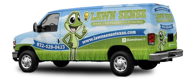Lawn Sense service van showcasing company branding, contact details, and the recognizable frog mascot. Serving Dallas, TX, with expert sprinkler repair and weed control services.