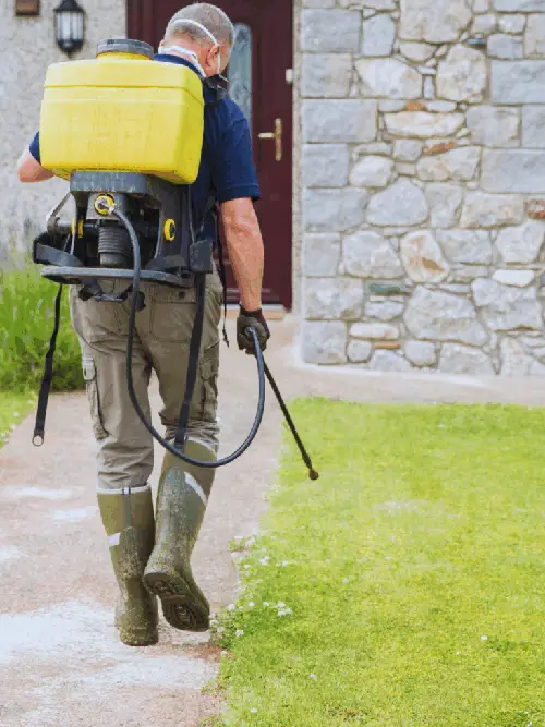 Lawn care technician applying pre-emergent treatment to a residential lawn