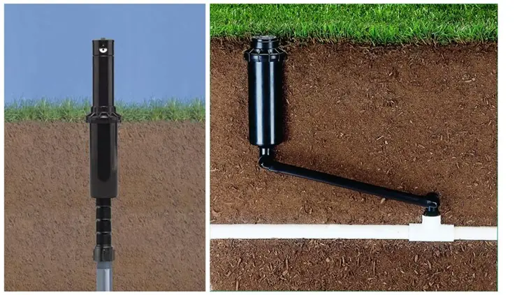 Illustration of different types of sprinkler head installations, including a direct connection and a swing joint for flexible positioning.